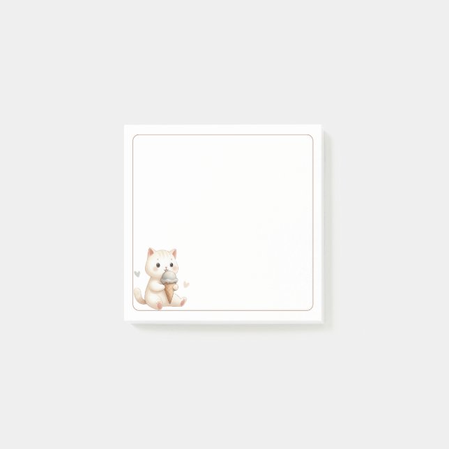 Leichte, beige Niedliche Katze mit Eiscreme Post-it Klebezettel (Vorderseite)