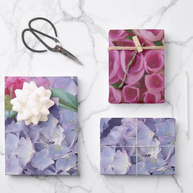 Leichte blaue und rosa Hydrangea Wrapping Paper Sh Geschenkpapier Set (Vorderseite)