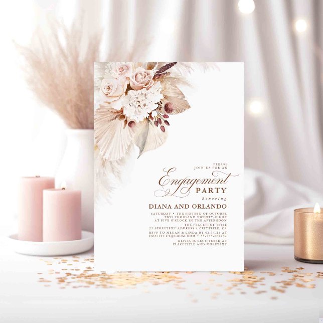 Leichte Blume Pampas Grass Boho Engagement Party Einladung (Elegant Cream and Blush Flowers Engagement Party Invitations)