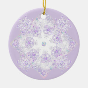 leichte lila Schneeflocke & glitzerndes Herz Keramik Ornament