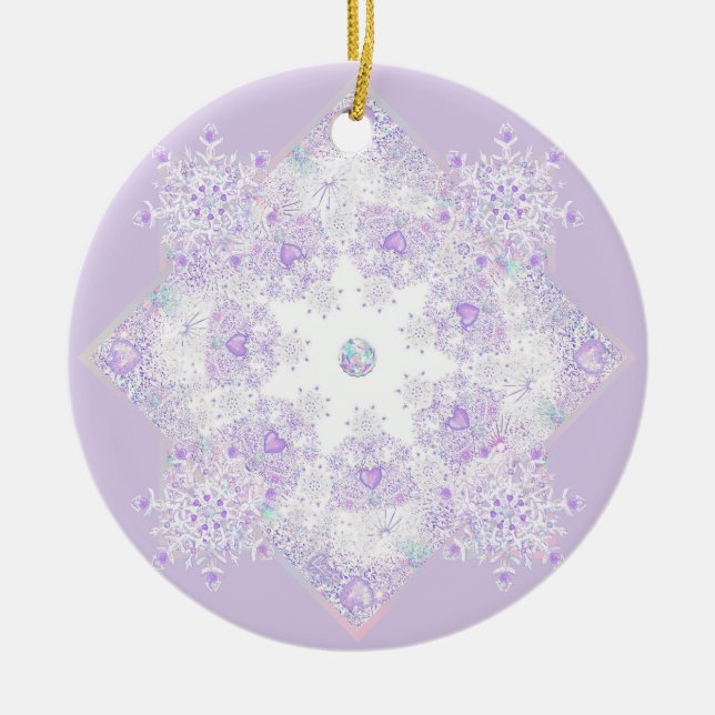 leichte lila Schneeflocke & glitzerndes Herz Keramik Ornament (Vorne)