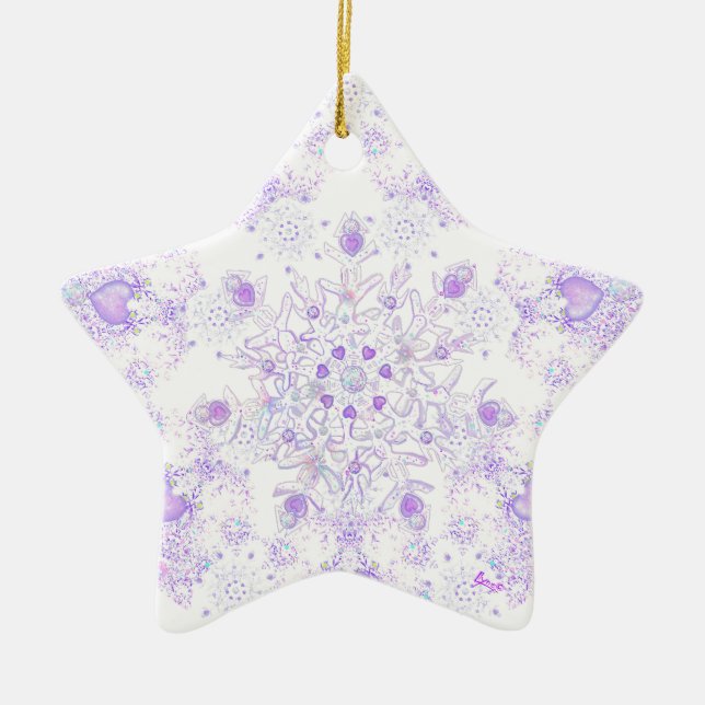 leichte lila Schneeflocke & glitzerndes Herz Keramik Ornament (Vorne)