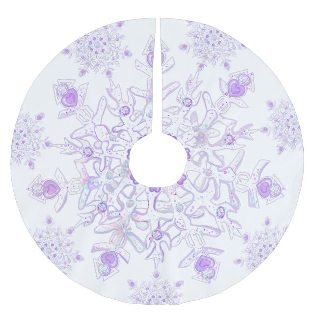 leichte lila Schneeflocke & glitzerndes Herz Polyester Weihnachtsbaumdecke (Vorderseite)