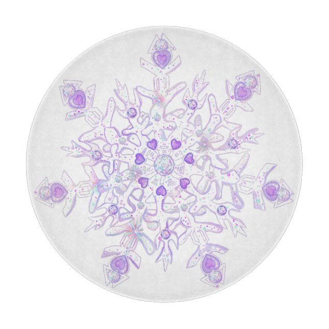 leichte lila Schneeflocke & glitzerndes Herz Schneidebrett (Vorderseite)