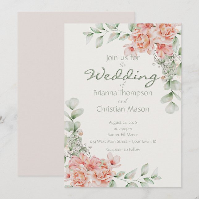 Leichte Pfirsichcreme und Blumenmagazin Einladung (Vorne/Hinten)