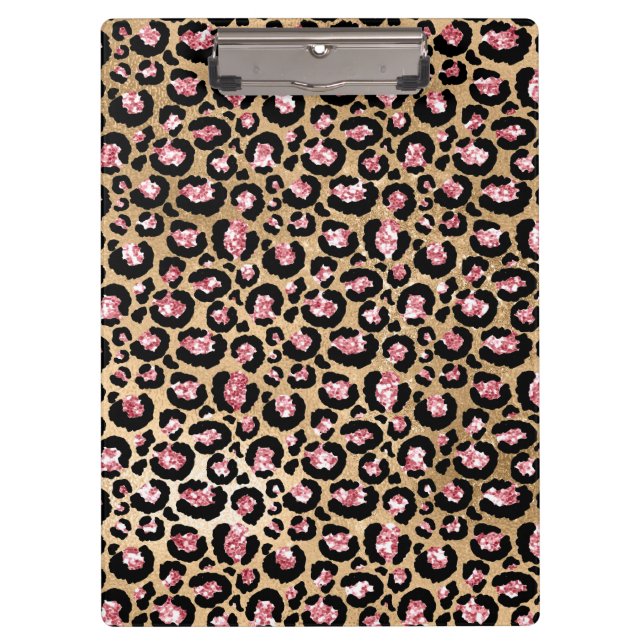 Leichte rosa Foil- & Gold-Glam Glitzer Leopard Spo Klemmbrett (Vorderseite)