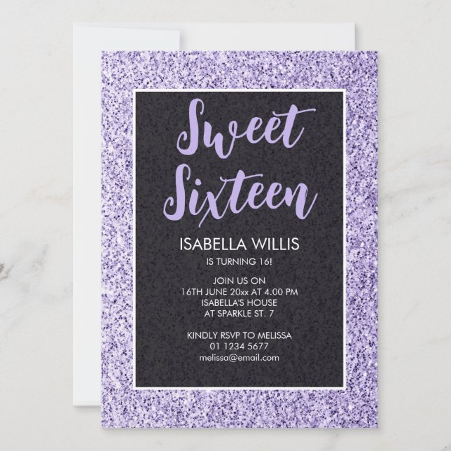 Leichte violette Glitzern Sweet 16 elegante Schrif Einladung (Vorderseite)