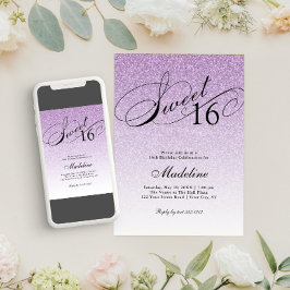 Leichter Lila Glam Glitzer Sweet 16 Einladung