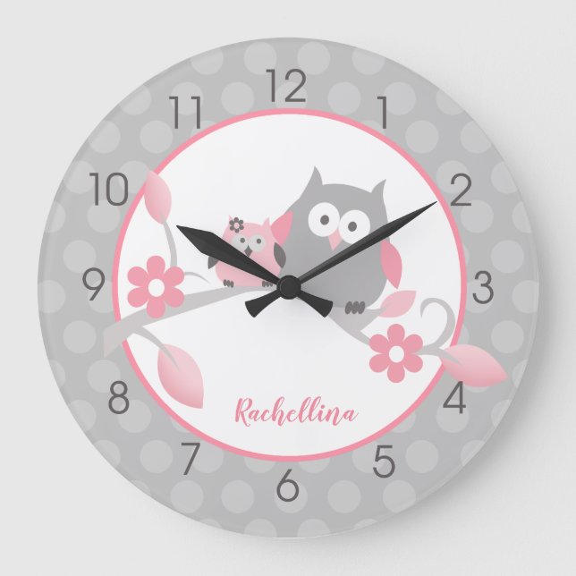 Leichtes graues und rosa Happy Owls Girl Kinderzim Große Wanduhr (Vorderseite)