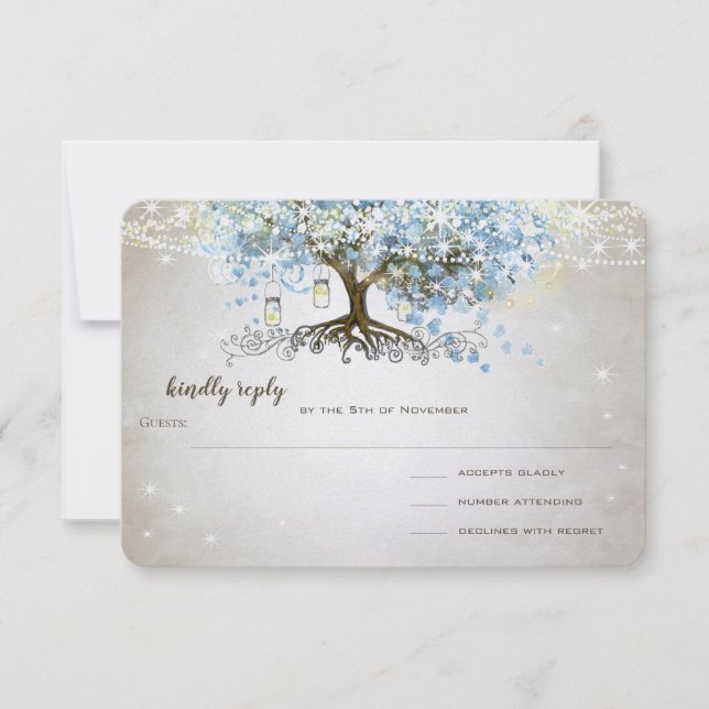 Leichtpulver Blauer Herzleder Tree Hochzeit RSVP (Vorderseite)