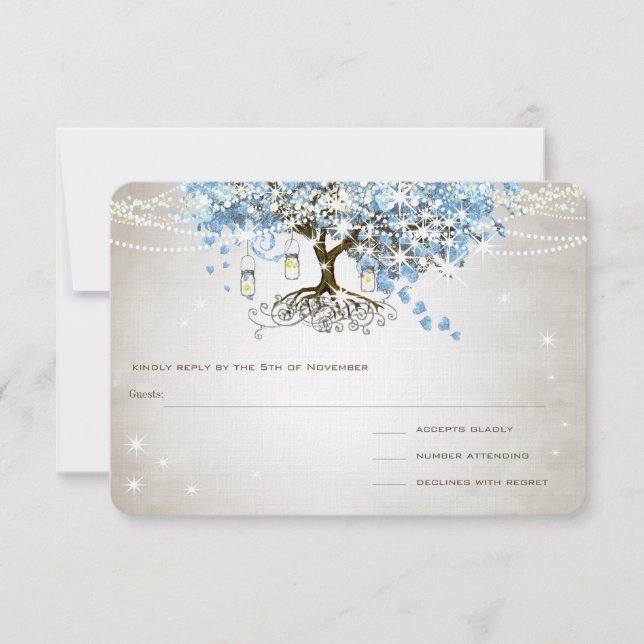 Leichtpulver Blauer Herzleder Tree Hochzeit RSVP (Vorderseite)