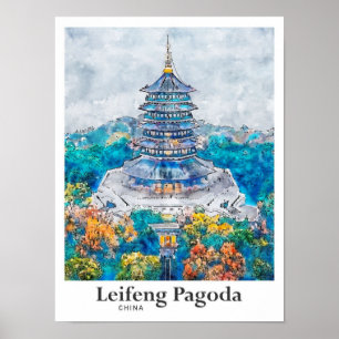 Leifeng-Pagode China Reise Wasserfarbe Handgezeich Poster