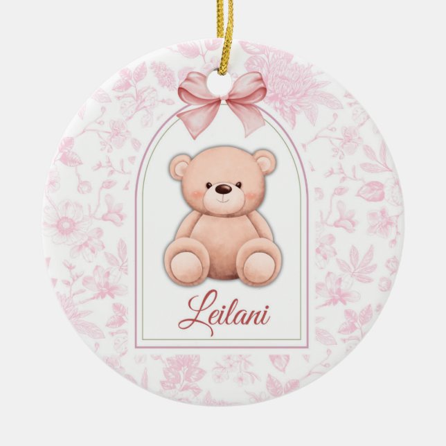 Leilani | Benutzerdefiniertes rosa Teddy-Bär-Kinde Keramik Ornament (Vorne)