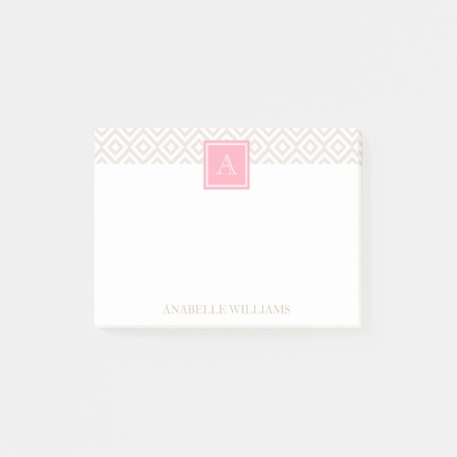 Leinen Beige Diamanten und rosa Monogramm Post-it Klebezettel (Vorderseite)