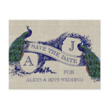 Leinen Blau Pfau Save-the-Date-Postkarte