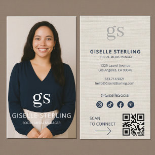 Leinen-Monogramm-Foto-Social-Media-QR-Code Visitenkarte