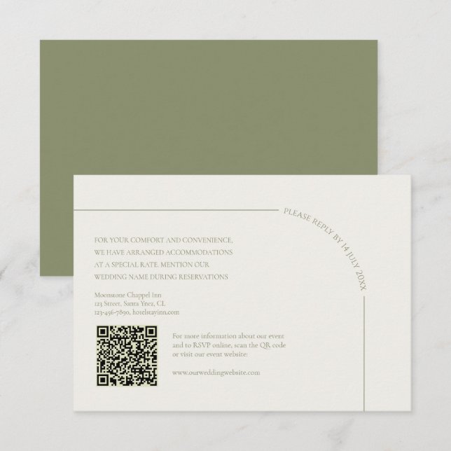 Leinen & Salbeigrün mit QR-Code Boho Minimalist RSVP Karte (Vorne/Hinten)