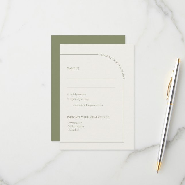 Leinen & Salbeigrüner Bogen Minimalistisch mit Ess RSVP Karte (Vorderseite/Rückseite Beispiel)