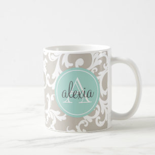 Leinen-und Minzen-mit Monogramm Damast-Druck Kaffeetasse