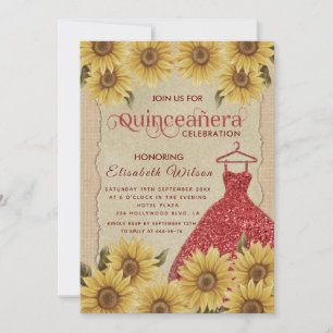 Leinen Vintage Sonnenblume rotes Kleid Quinceañera Einladung