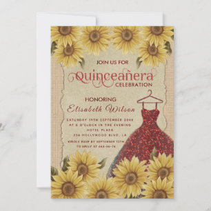 Leinen-Vintage-Sonnenblumen-Kleid in Rot Quinceañe Einladung