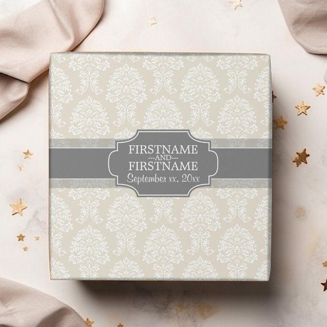 Leinenmuster in Beige und Holzkohle Geschenkpapier (Personalized Wedding Anniversary Wrapping Paper)