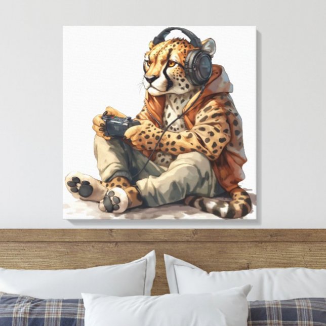 Leinwand Cheetah Videospiele Kunst für Kinder (Funny cheetah playing video games wearing headphones and hoodie kids canvas print for gamers)