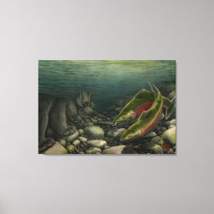 Leinwand der Fischkunst Coho Salmon w. Bear Canvas