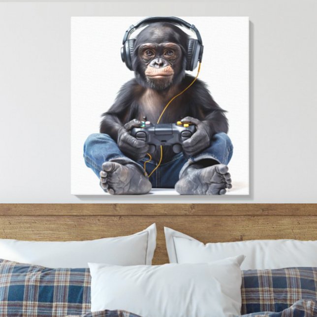 Leinwand Gamer Chimp Funny Animal Art für Kinder (Funny Gamer Monkey Chimp playing video games wearing jeans and headphones kids canvas wall art)