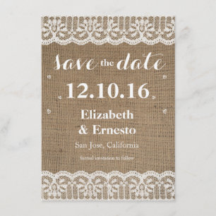 Leinwand-Spitze-rustikale Hochzeit retten die Save The Date