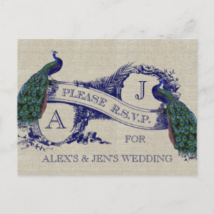 Leinwand-Vintage Leinenpfau-rustikales Hochzeit Einladungspostkarte