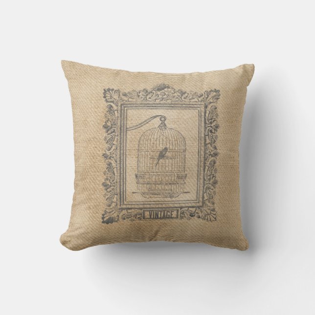 Leinwand-Vintager Vogel-Käfig im Rahmen Kissen (Vorderseite)