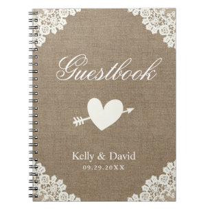 Leinwand-Weiß-Spitze Hochzeitguestbook-  rustikale Notizblock