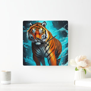 Leistungsstarker Tiger beim Überlaufen des Wassers Quadratische Wanduhr