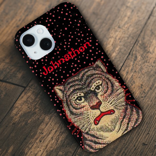 Leiter der Tiger Ferocious Gesicht schwarzen roten Case-Mate iPhone Hülle (Head of black striped Asian tiger ferocious face on personalized phone case with red dots.)