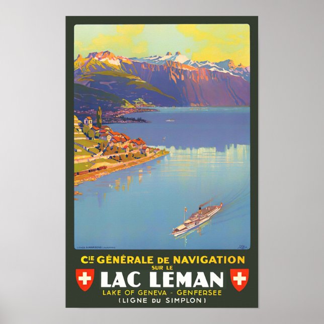Leman See Schweiz Jahrgang Reise Poster (Vorne)