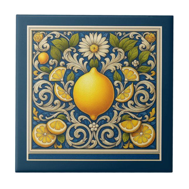 Lemon Almafi Blue Mediterranean Art Nouveau Fliese (Vorderseite)