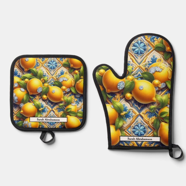 Lemon Amalfi Coast Diamonds Mediterranean Ofenhandschuh & Topflappen-Set (Vorderseite)