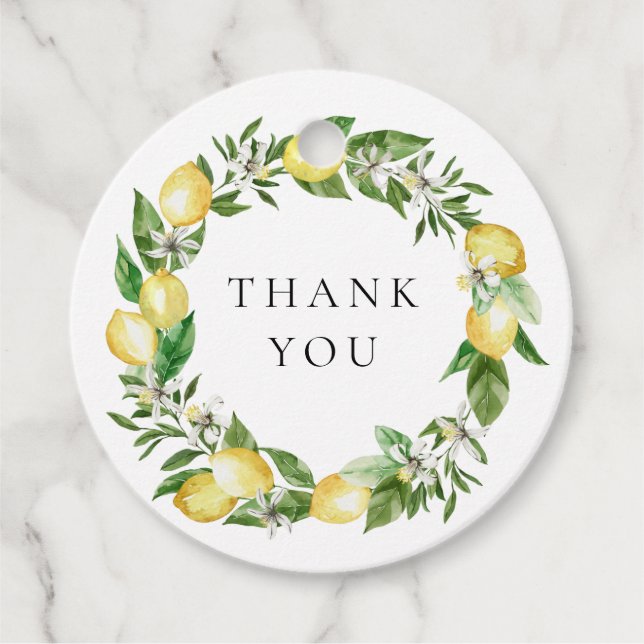 Lemon and Greenery Wreath Wedding Vielen Dank Geschenkanhänger (Vorderseite)