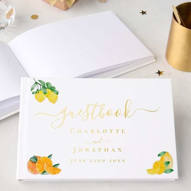 Lemon and Orange Citrus Wedding Gold Foil Gästebuch (Lemon and orange citrus gold foil custom wedding guest book)
