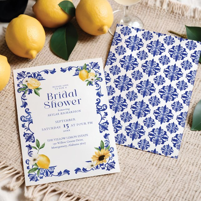 Lemon & Antique Blue Pottery Muster Brautparty Einladung (Lemon & Antique Blue Pottery Pattern Bridal Shower Invitation)