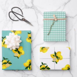 Lemon Aqua Gingham Geschenkpapier Set