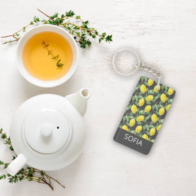 Lemon Aquarellmuster individuelle Name grau Schlüsselanhänger (Von Creator hochgeladen)