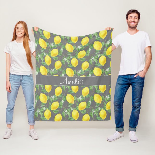 Lemon Aquarellmuster niedliches Mädchen grau Fleecedecke (Beispiel)