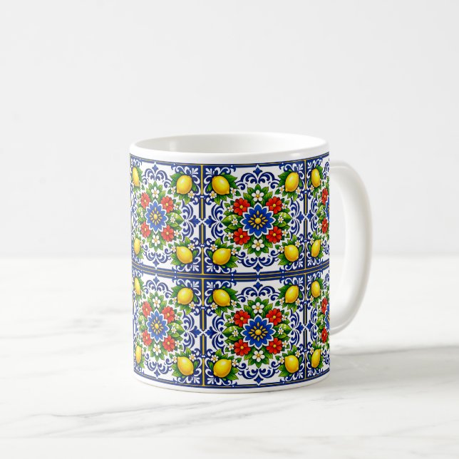 🍋 Lemon Azul Bloom — Mediterrane Azulejo Kaffeetasse (VorderseiteRechts)