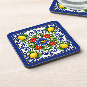 🍋 Lemon Azul Bloom — Mittelmeer-Azulejo Getränkeuntersetzer