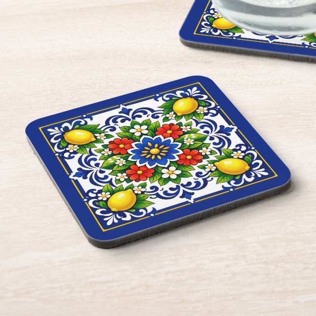 🍋 Lemon Azul Bloom — Mittelmeer-Azulejo Getränkeuntersetzer (Linke Seite)