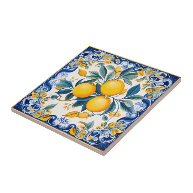 🍋 Lemon Azulejo mit blauen Elementen Fliese (Seite)