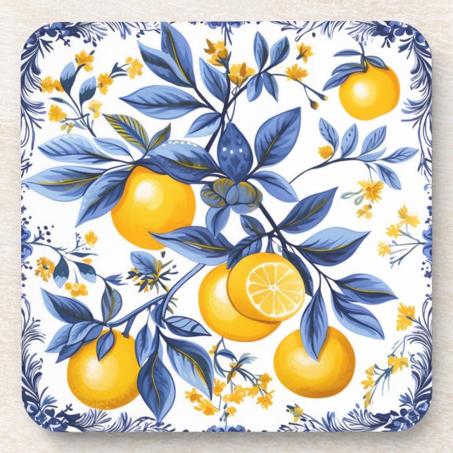 🍋 Lemon Azulejo mit blauen Elementen Getränkeuntersetzer (Vorderseite)