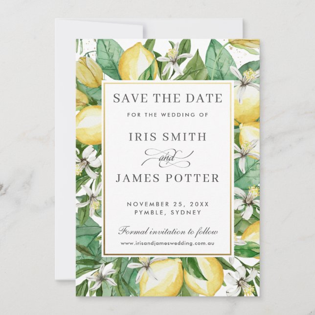 Lemon Azure Summer Greenery Save the Date Card Einladung (Vorderseite)